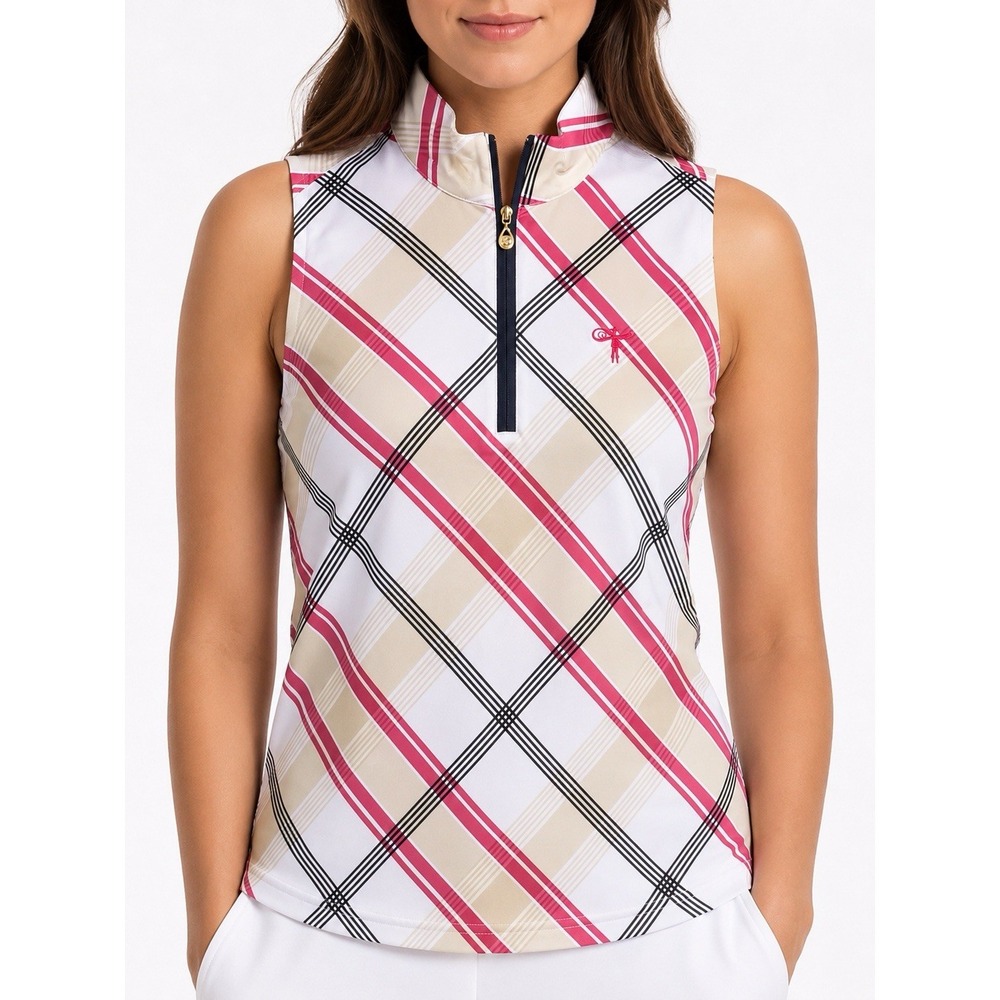 SanSoleil Golf Top Women's M UV 50+ Cooling Sleeveless 1/4 Zip Plaid